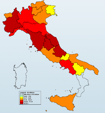 La mappa dell'incidenza dei contagi dal rapporto Influnet dell'Istituto superiore di sanità