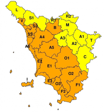 La mappa dell'allerta della Regione Toscana