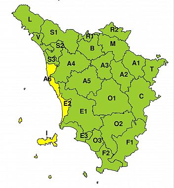 La mappa dell'allerta della Regione Toscana