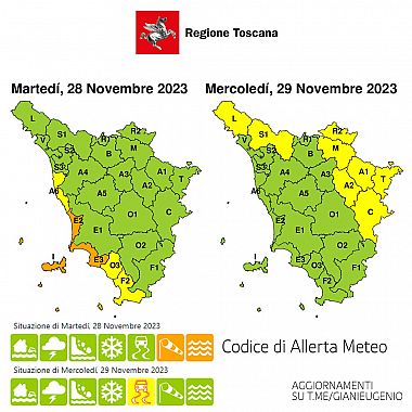 La mappa dell'allerta della Regione Toscana