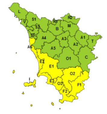 La mappa dell'allerta della Regione Toscana